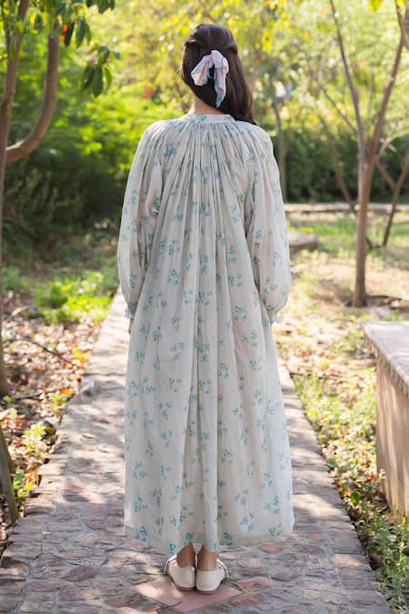 Shop Surmaye Beige Handloom Cotton Embroidery Round Neck Wildflower Kiss Midi Dress at Aza Fashions Shop_Surmaye_Beige Handloom Cotton Embroidery Round Neck Wildflower Kiss Midi Dress _at_Aza_Fashions