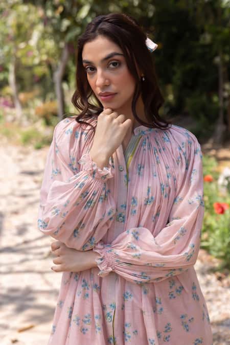 Buy Surmaye Pink Handloom Cotton Embroidery Round Neck Wildflower Kiss Midi Dress Online at Aza Fashions Buy_Surmaye_Pink Handloom Cotton Embroidery Round Neck Wildflower Kiss Midi Dress _Online_at_Aza_Fashions