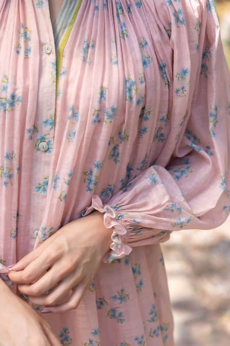 Shop Surmaye Pink Handloom Cotton Embroidery Round Neck Wildflower Kiss Midi Dress Online at Aza Fashions Shop_Surmaye_Pink Handloom Cotton Embroidery Round Neck Wildflower Kiss Midi Dress _Online_at_Aza_Fashions