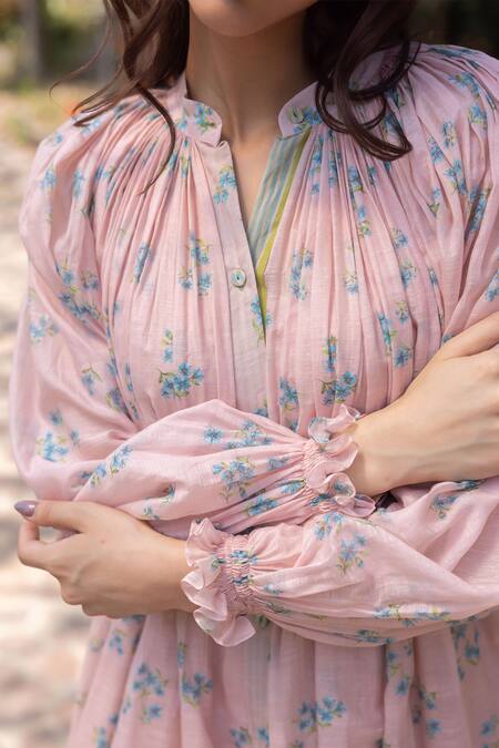 Surmaye Pink Handloom Cotton Embroidery Round Neck Wildflower Kiss Midi Dress at Aza Fashions Surmaye_Pink Handloom Cotton Embroidery Round Neck Wildflower Kiss Midi Dress _at_Aza_Fashions