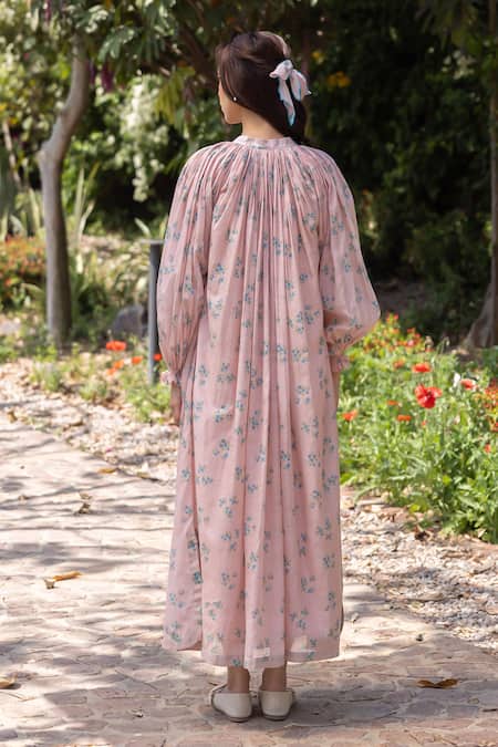 Surmaye Pink Handloom Cotton Embroidery Round Neck Wildflower Kiss Midi Dress Online at Aza Fashions Surmaye_Pink Handloom Cotton Embroidery Round Neck Wildflower Kiss Midi Dress _Online_at_Aza_Fashions