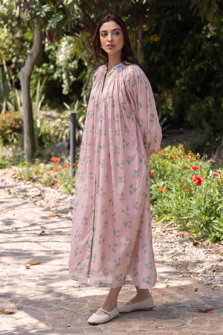 Buy Surmaye Pink Handloom Cotton Embroidery Round Neck Wildflower Kiss Midi Dress Buy_Surmaye_Pink Handloom Cotton Embroidery Round Neck Wildflower Kiss Midi Dress