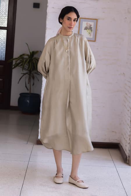 Surmaye Beige Light Handwoven Mulberry Silk Dress 