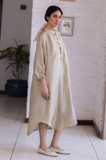 Shop Surmaye Beige Light Handwoven Mulberry Silk Dress Online at Aza Fashions Shop_Surmaye_Beige Light Handwoven Mulberry Silk Dress _Online_at_Aza_Fashions