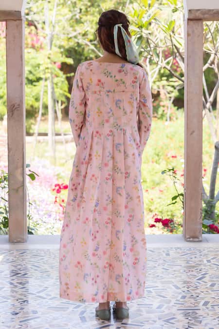 Surmaye Pink Handloom Cotton Embroidery Round Neck Cottage Charm Maxi Dress Online at Aza Fashions Surmaye_Pink Handloom Cotton Embroidery Round Neck Cottage Charm Maxi Dress _Online_at_Aza_Fashions