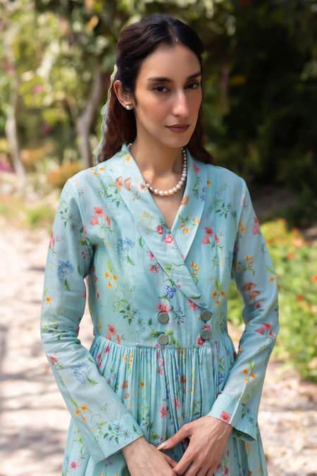 Buy Surmaye Blue Cotton Open Neck Woodsong Floral Maxi Dress Online at Aza Fashions Buy_Surmaye_Blue Cotton Open Neck Woodsong Floral Maxi Dress _Online_at_Aza_Fashions