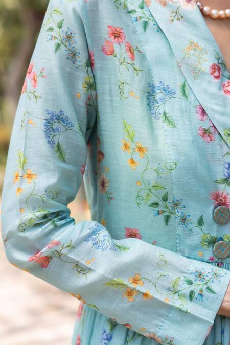 Shop Surmaye Blue Cotton Open Neck Woodsong Floral Maxi Dress Online at Aza Fashions Shop_Surmaye_Blue Cotton Open Neck Woodsong Floral Maxi Dress _Online_at_Aza_Fashions