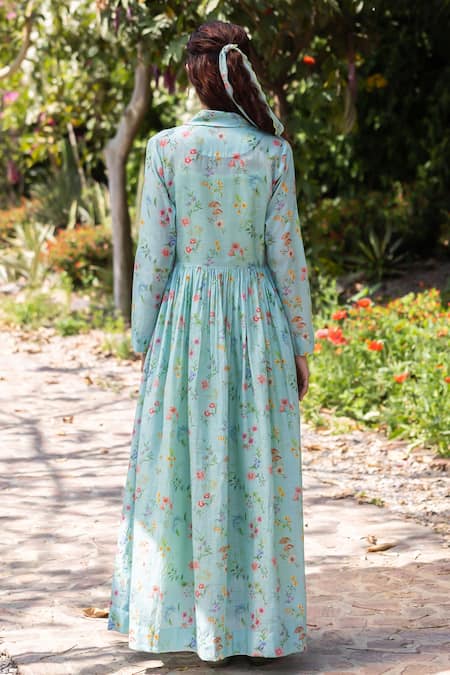 Surmaye Blue Cotton Open Neck Woodsong Floral Maxi Dress Online at Aza Fashions Surmaye_Blue Cotton Open Neck Woodsong Floral Maxi Dress _Online_at_Aza_Fashions