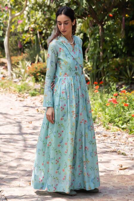 Surmaye Blue Cotton Open Neck Woodsong Floral Maxi Dress at Aza Fashions Surmaye_Blue Cotton Open Neck Woodsong Floral Maxi Dress _at_Aza_Fashions