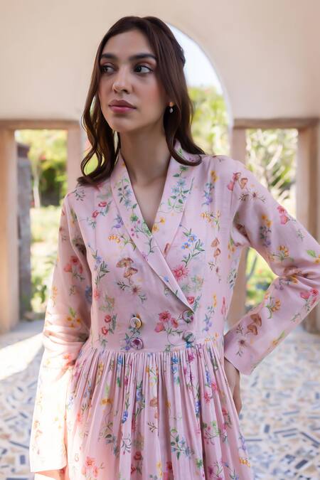 Buy Surmaye Pink Handloom Cotton Embroidery V-neck Woodsong Maxi Dress Online at Aza Fashions Buy_Surmaye_Pink Handloom Cotton Embroidery V-neck Woodsong Maxi Dress _Online_at_Aza_Fashions