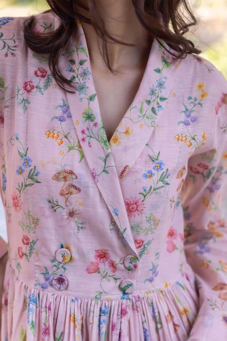 Shop Surmaye Pink Handloom Cotton Embroidery V-neck Woodsong Maxi Dress Online at Aza Fashions Shop_Surmaye_Pink Handloom Cotton Embroidery V-neck Woodsong Maxi Dress _Online_at_Aza_Fashions