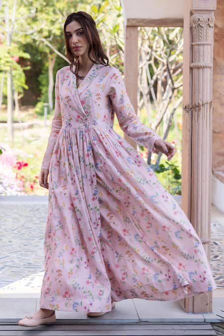 Surmaye Pink Handloom Cotton Embroidery V-neck Woodsong Maxi Dress at Aza Fashions Surmaye_Pink Handloom Cotton Embroidery V-neck Woodsong Maxi Dress _at_Aza_Fashions