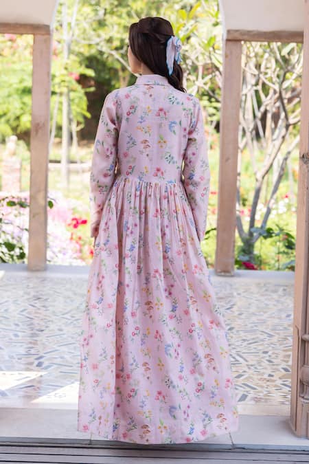 Surmaye Pink Handloom Cotton Embroidery V-neck Woodsong Maxi Dress Online at Aza Fashions Surmaye_Pink Handloom Cotton Embroidery V-neck Woodsong Maxi Dress _Online_at_Aza_Fashions
