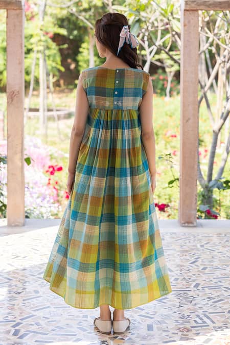 Surmaye Multi Color Handloom Cotton Embroidery Round Neck Entwined Checkered Midi Dress Online at Aza Fashions Surmaye_Multi Color Handloom Cotton Embroidery Round Neck Entwined Checkered Midi Dress _Online_at_Aza_Fashions