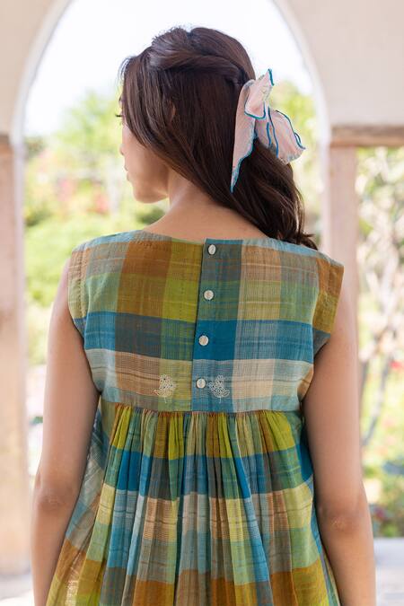 Buy Surmaye Multi Color Handloom Cotton Embroidery Round Neck Entwined Checkered Midi Dress Online at Aza Fashions Buy_Surmaye_Multi Color Handloom Cotton Embroidery Round Neck Entwined Checkered Midi Dress _Online_at_Aza_Fashions