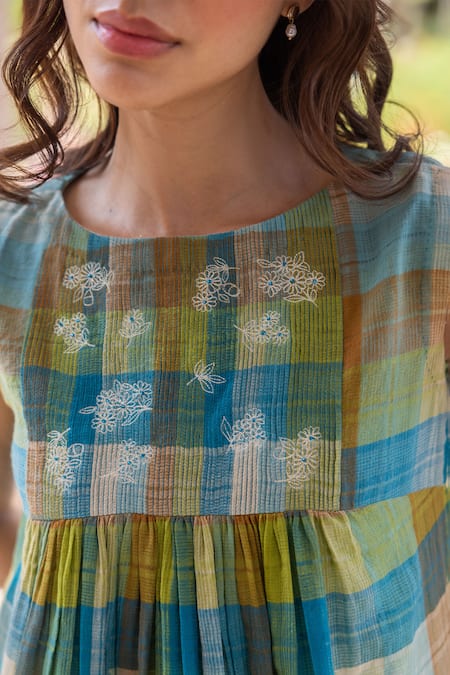 Shop Surmaye Multi Color Handloom Cotton Embroidery Round Neck Entwined Checkered Midi Dress Shop_Surmaye_Multi Color Handloom Cotton Embroidery Round Neck Entwined Checkered Midi Dress