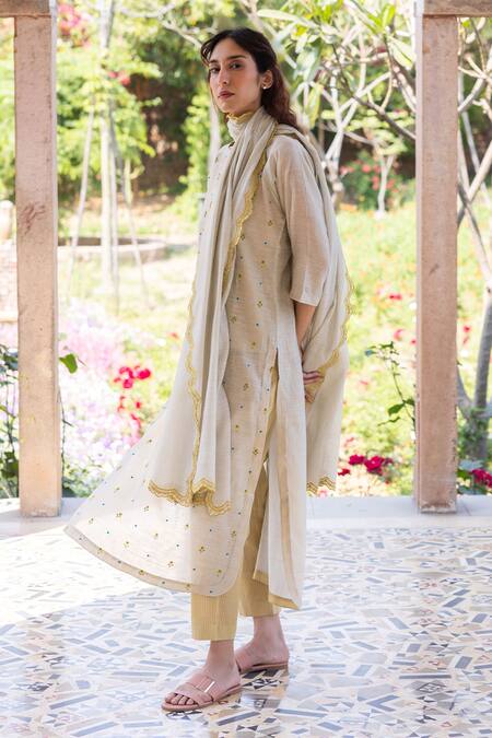 Buy Surmaye Beige Handloom Cotton Embroidery Round Neck Light Kurta Set Online at Aza Fashions Buy_Surmaye_Beige Handloom Cotton Embroidery Round Neck Light Kurta Set _Online_at_Aza_Fashions