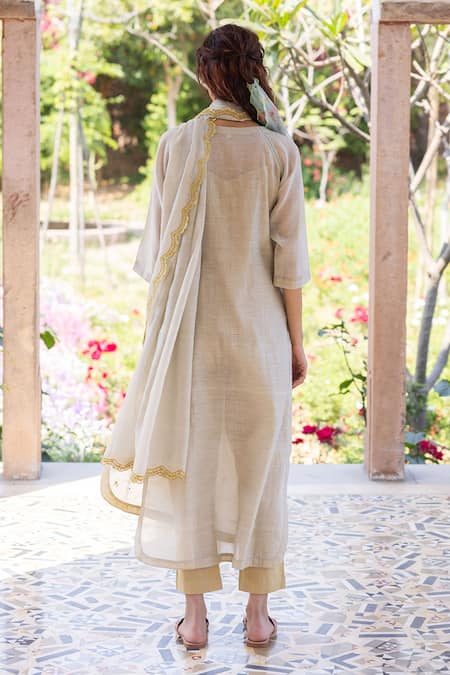 Shop Surmaye Beige Handloom Cotton Embroidery Round Neck Light Kurta Set at Aza Fashions Shop_Surmaye_Beige Handloom Cotton Embroidery Round Neck Light Kurta Set _at_Aza_Fashions
