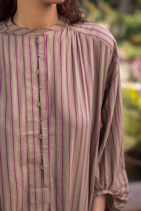 Surmaye_Brown Striped Clay Kurta Set _at_Aza_Fashions