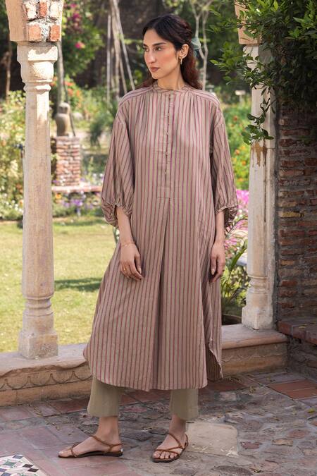 Shop_Surmaye_Brown Striped Clay Kurta Set 