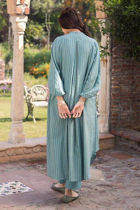 Surmaye Teal Round Neck Striped Kurta Set Online at Aza Fashions Surmaye_Teal Round Neck Striped Kurta Set _Online_at_Aza_Fashions