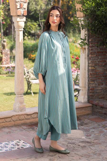 Shop Surmaye Teal Round Neck Striped Kurta Set Online at Aza Fashions Shop_Surmaye_Teal Round Neck Striped Kurta Set _Online_at_Aza_Fashions