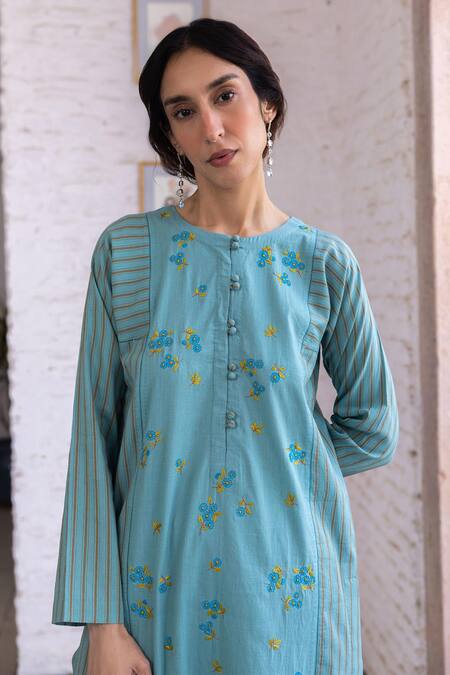 Buy Surmaye Teal Embroidery Round Neck Tender Petals Kurta Set Online at Aza Fashions Buy_Surmaye_Teal Embroidery Round Neck Tender Petals Kurta Set _Online_at_Aza_Fashions