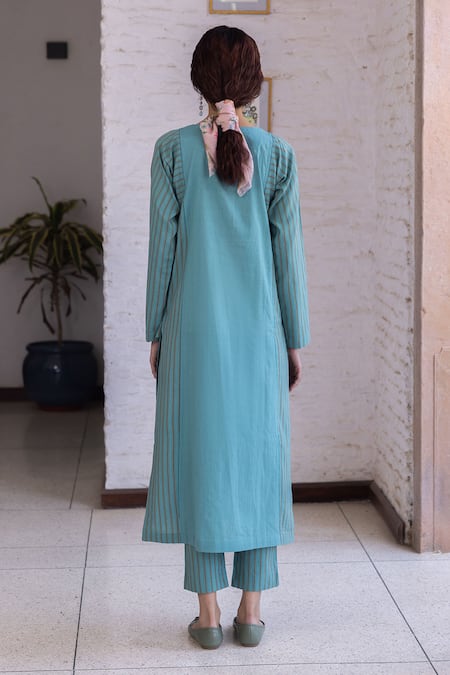 Surmaye Teal Embroidery Round Neck Tender Petals Kurta Set Online at Aza Fashions Surmaye_Teal Embroidery Round Neck Tender Petals Kurta Set _Online_at_Aza_Fashions