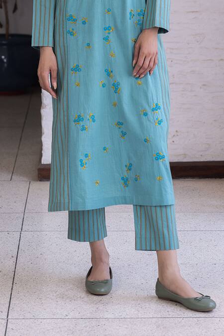 Surmaye Teal Embroidery Round Neck Tender Petals Kurta Set at Aza Fashions Surmaye_Teal Embroidery Round Neck Tender Petals Kurta Set _at_Aza_Fashions