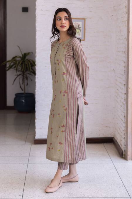 Buy Surmaye Brown Embroidery Round Neck Tender Petals Clay Kurta Set Online at Aza Fashions Buy_Surmaye_Brown Embroidery Round Neck Tender Petals Clay Kurta Set _Online_at_Aza_Fashions