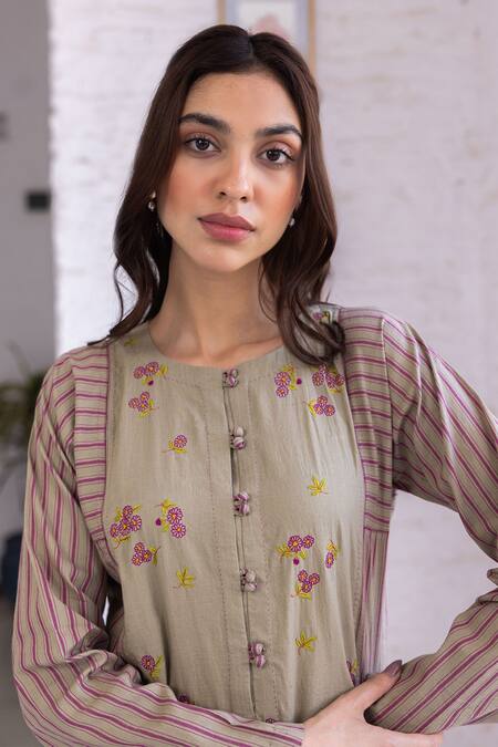 Surmaye Brown Embroidery Round Neck Tender Petals Clay Kurta Set at Aza Fashions Surmaye_Brown Embroidery Round Neck Tender Petals Clay Kurta Set _at_Aza_Fashions