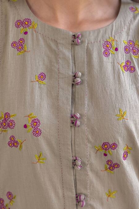 Buy Surmaye Brown Embroidery Round Neck Tender Petals Clay Kurta Set Buy_Surmaye_Brown Embroidery Round Neck Tender Petals Clay Kurta Set