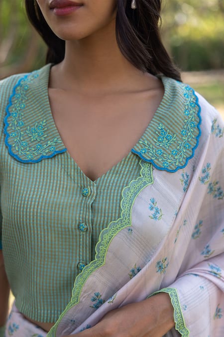 Shop Surmaye Green Handloom Cotton Embroidery Sweet Caress Blouse at Aza Fashions Shop_Surmaye_Green Handloom Cotton Embroidery Sweet Caress Blouse _at_Aza_Fashions