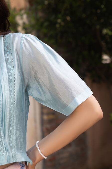 Surmaye Blue Lace Round Neck Whispering Ivy Blouse Online at Aza Fashions Surmaye_Blue Lace Round Neck Whispering Ivy Blouse _Online_at_Aza_Fashions