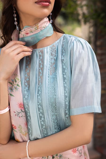 Shop Surmaye Blue Lace Round Neck Whispering Ivy Blouse at Aza Fashions Shop_Surmaye_Blue Lace Round Neck Whispering Ivy Blouse _at_Aza_Fashions