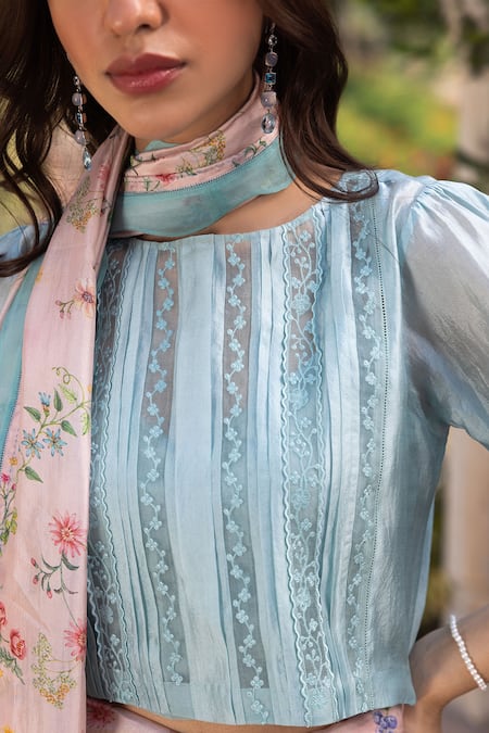 Buy Surmaye Blue Lace Round Neck Whispering Ivy Blouse Online at Aza Fashions Buy_Surmaye_Blue Lace Round Neck Whispering Ivy Blouse _Online_at_Aza_Fashions