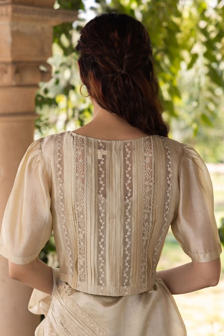 Shop Surmaye Beige Embroidery Round Neck Whispering Ivy Light Blouse at Aza Fashions Shop_Surmaye_Beige Embroidery Round Neck Whispering Ivy Light Blouse _at_Aza_Fashions