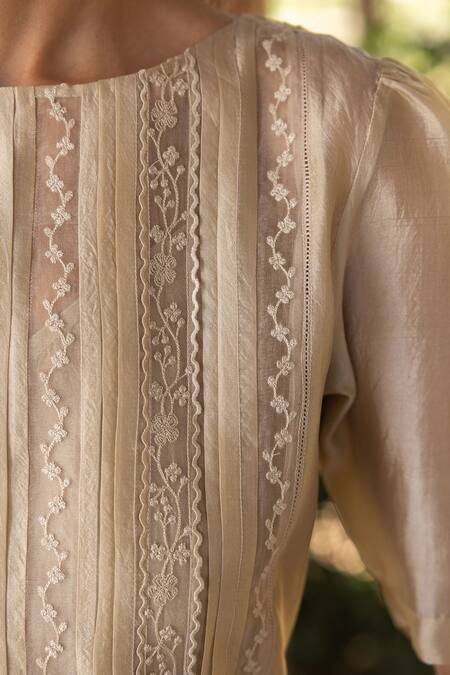 Surmaye Beige Embroidery Round Neck Whispering Ivy Light Blouse Online at Aza Fashions Surmaye_Beige Embroidery Round Neck Whispering Ivy Light Blouse _Online_at_Aza_Fashions