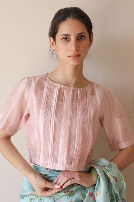 Surmaye Pink Embroidery Round Neck Whispering Ivy Blouse Online at Aza Fashions Surmaye_Pink Embroidery Round Neck Whispering Ivy Blouse _Online_at_Aza_Fashions