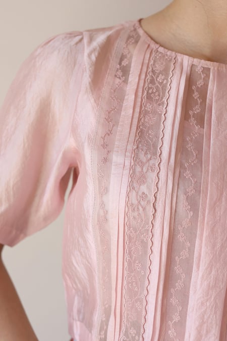 Buy Surmaye Pink Embroidery Round Neck Whispering Ivy Blouse Online at Aza Fashions Buy_Surmaye_Pink Embroidery Round Neck Whispering Ivy Blouse _Online_at_Aza_Fashions