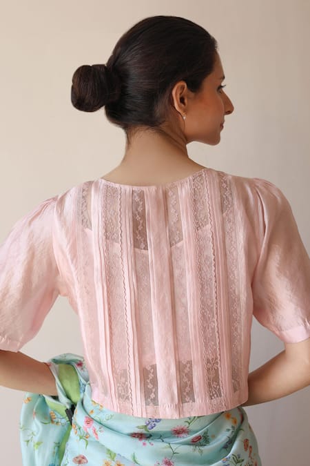 Shop Surmaye Pink Embroidery Round Neck Whispering Ivy Blouse at Aza Fashions Shop_Surmaye_Pink Embroidery Round Neck Whispering Ivy Blouse _at_Aza_Fashions