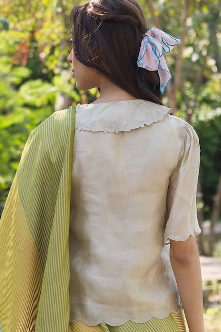 Shop Surmaye Beige Embroidery Handwoven Organza Blouse at Aza Fashions Shop_Surmaye_Beige Embroidery Handwoven Organza Blouse _at_Aza_Fashions