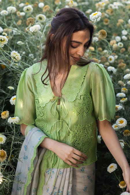 Buy_Surmaye_Green Embroidery Handwoven Organza Spring Blouse _Online_at_Aza_Fashions