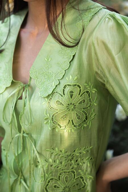 Shop_Surmaye_Green Embroidery Handwoven Organza Spring Blouse _Online_at_Aza_Fashions