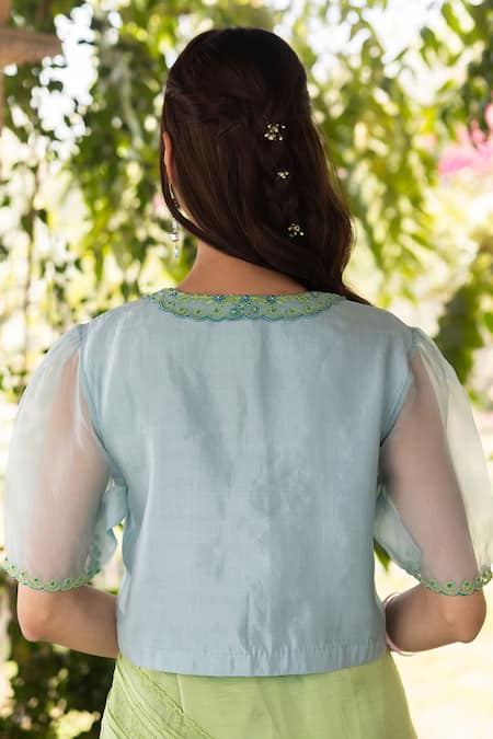 Shop Surmaye Blue Embroidery Powder Saree Blouse at Aza Fashions Shop_Surmaye_Blue Embroidery Powder Saree Blouse _at_Aza_Fashions