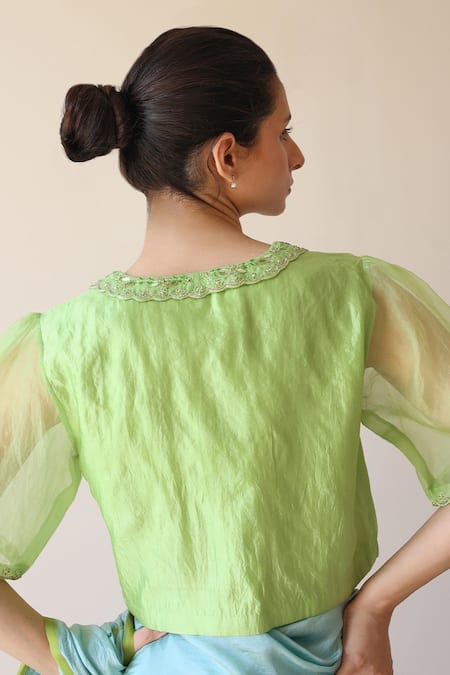 Shop Surmaye Green Embroidery Sunlit Morning Blouse at Aza Fashions Shop_Surmaye_Green Embroidery Sunlit Morning Blouse _at_Aza_Fashions