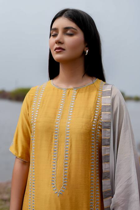 Shop_The Home Affair_Mustard Cotton, Chiffon Embroidery Round Neck Straight Kurta Set _Online_at_Aza_Fashions