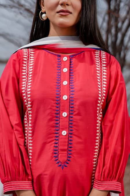 Shop The Home Affair Red Cotton, Chiffon Embroidery Round Neck Pure Jaam Kurta Set Online at Aza Fashions Shop_The Home Affair_Red Cotton, Chiffon Embroidery Round Neck Pure Jaam Kurta Set _Online_at_Aza_Fashions