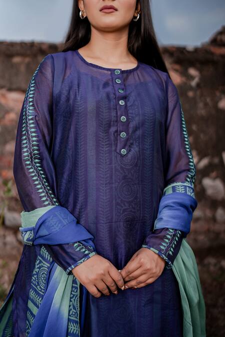 Shop_The Home Affair_Navy Chanderi, Cotton, Chiffon Embroidery Round Neck Kurta Set With Dupatta _Online_at_Aza_Fashions