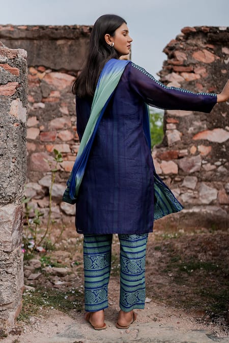 The Home Affair Navy Chanderi Kurta Set With Dupatta 